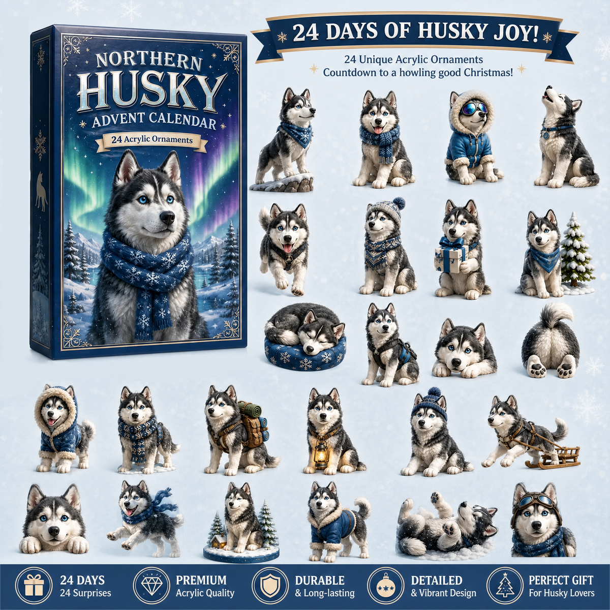 ⏳ Last Day 49% OFF – 🐺❄️ Northern Husky Advent Calendar 2026 | 24 Days of Husky Adventures with 24 Unique Acrylic Husky Ornaments for Dog Lovers 🎄🎁