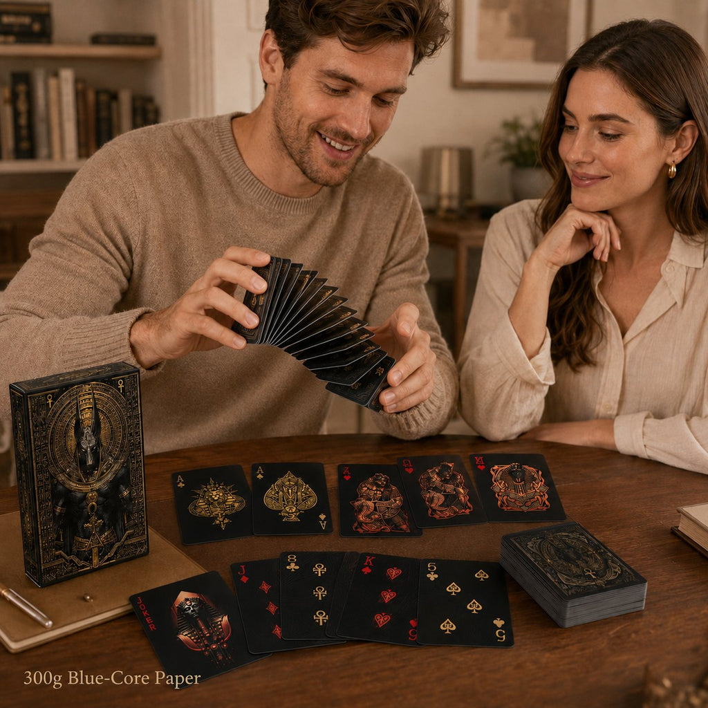 Black‑Gold Egyptian Themed Playing Cards – 300g Blue-Core Deck