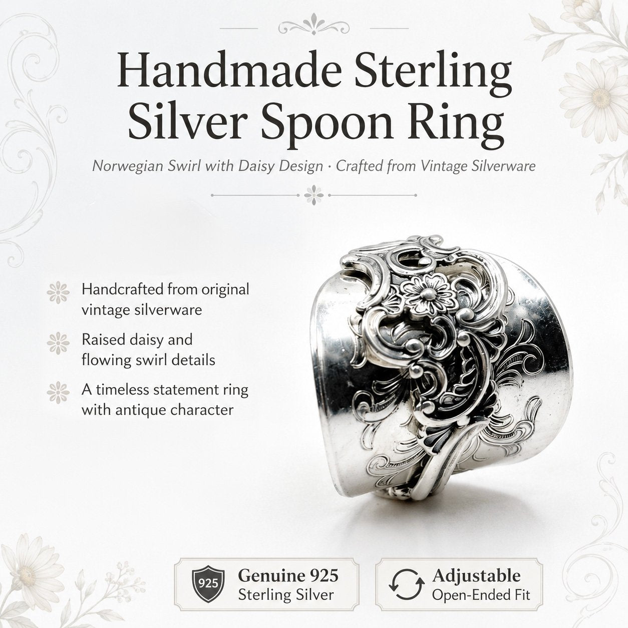 ✨ Handmade Adjustable Sterling Silver Spoon Ring – Norwegian Swirl with Daisy Design, Crafted from Vintage Silverware（副本）