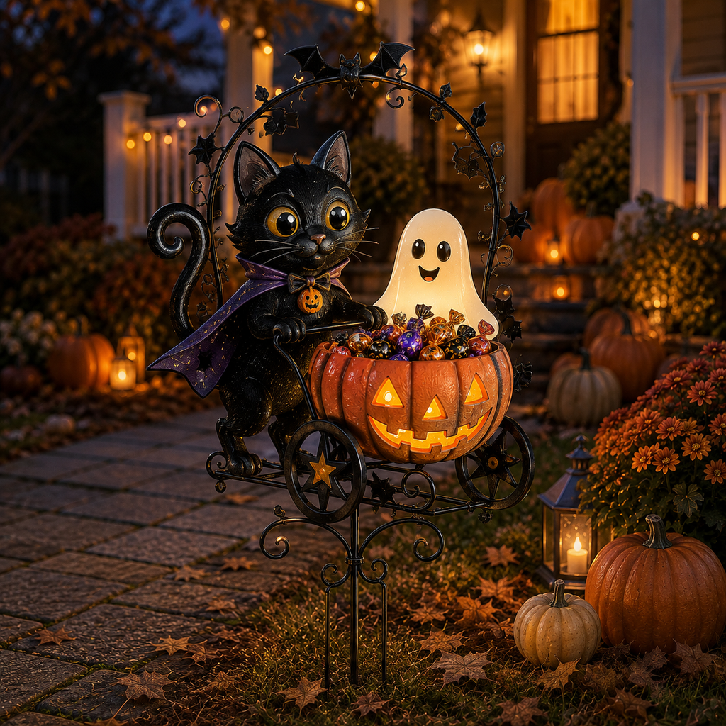 ✨🐈🎃 Halloween Black Cat Candy Wagon Garden Light 👻✨