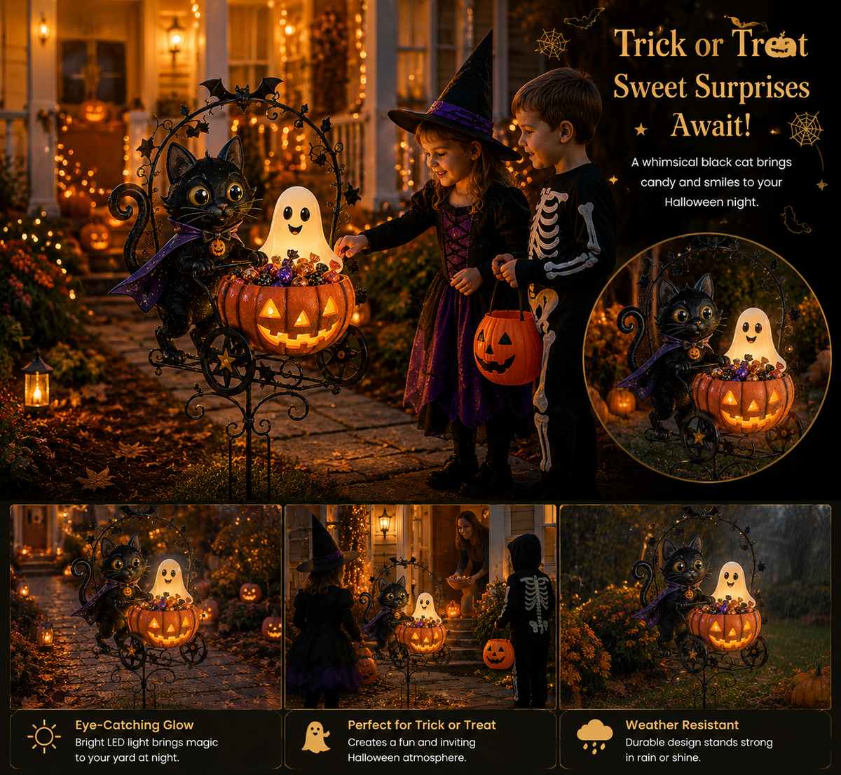 ✨🐈🎃 Halloween Black Cat Candy Wagon Garden Light 👻✨