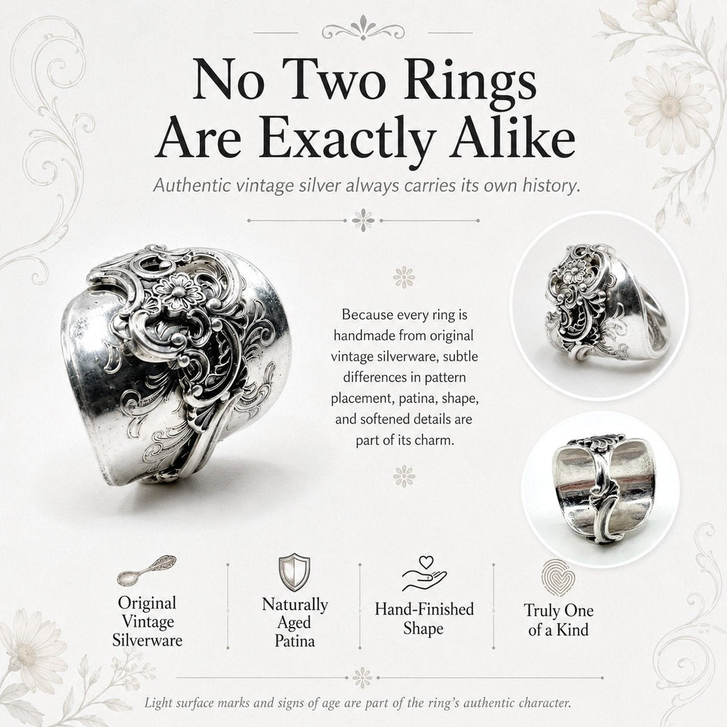 ✨ Handmade Adjustable Sterling Silver Spoon Ring – Norwegian Swirl with Daisy Design, Crafted from Vintage Silverware（副本）