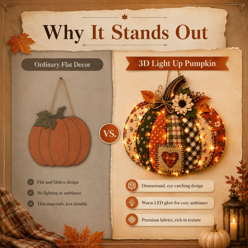 🎃 3D Light Up Pumpkin Hanging Decoration – Rustic Farmhouse Fall Door & Wall Decor