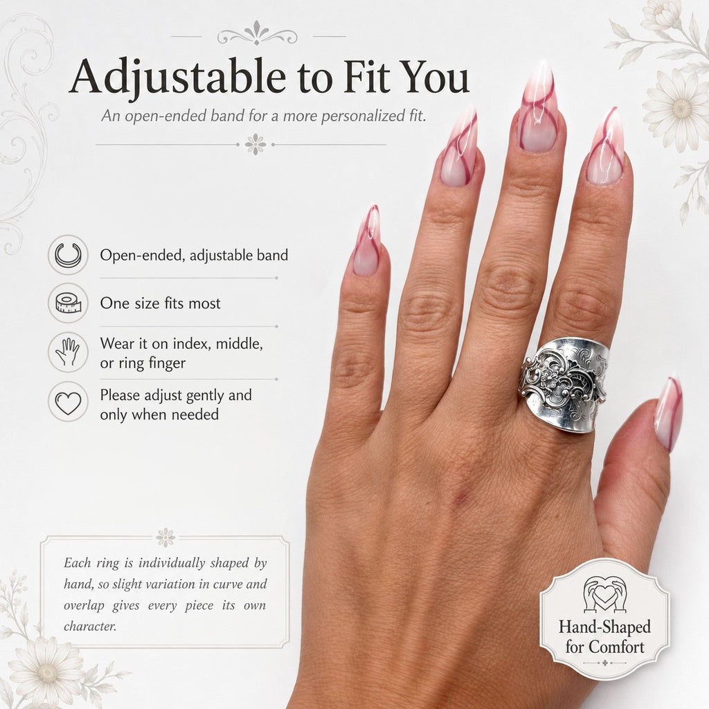 ✨ Handmade Adjustable Sterling Silver Spoon Ring – Norwegian Swirl with Daisy Design, Crafted from Vintage Silverware（副本）
