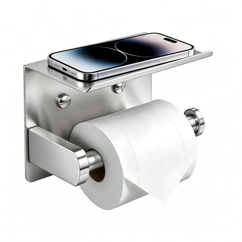 Toilet Paper Holder with Shelf ¨C No-Drill, Fits Mega Rolls, Matte Black or Silver
