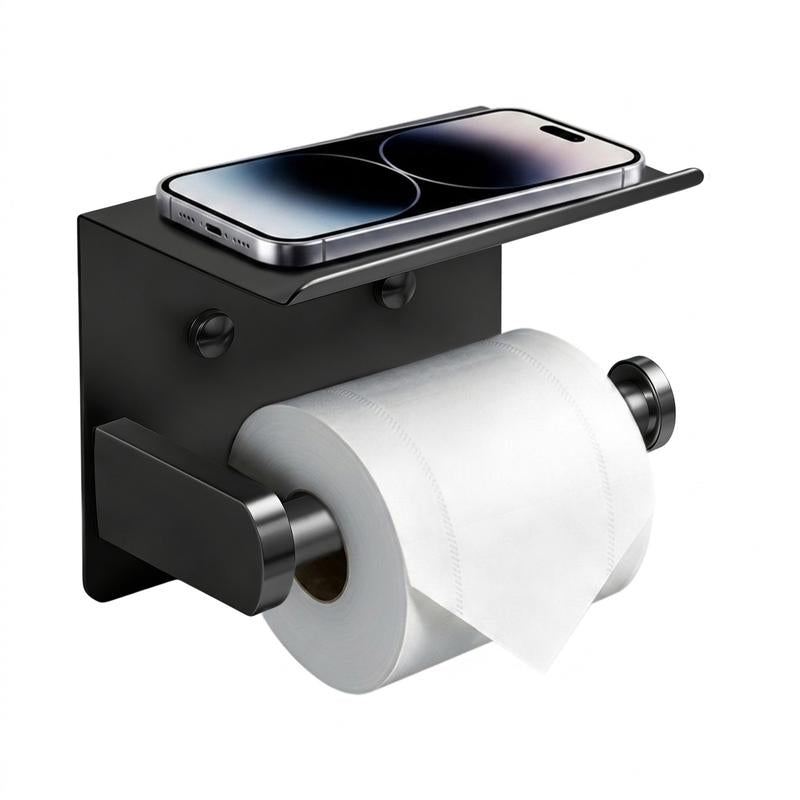 Toilet Paper Holder with Shelf ¨C No-Drill, Fits Mega Rolls, Matte Black or Silver