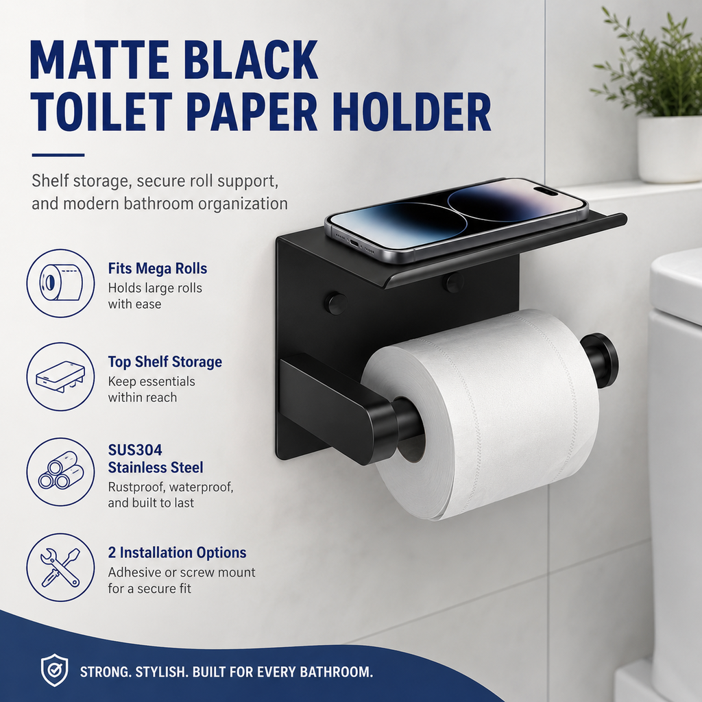 Toilet Paper Holder with Shelf ¨C No-Drill, Fits Mega Rolls, Matte Black or Silver