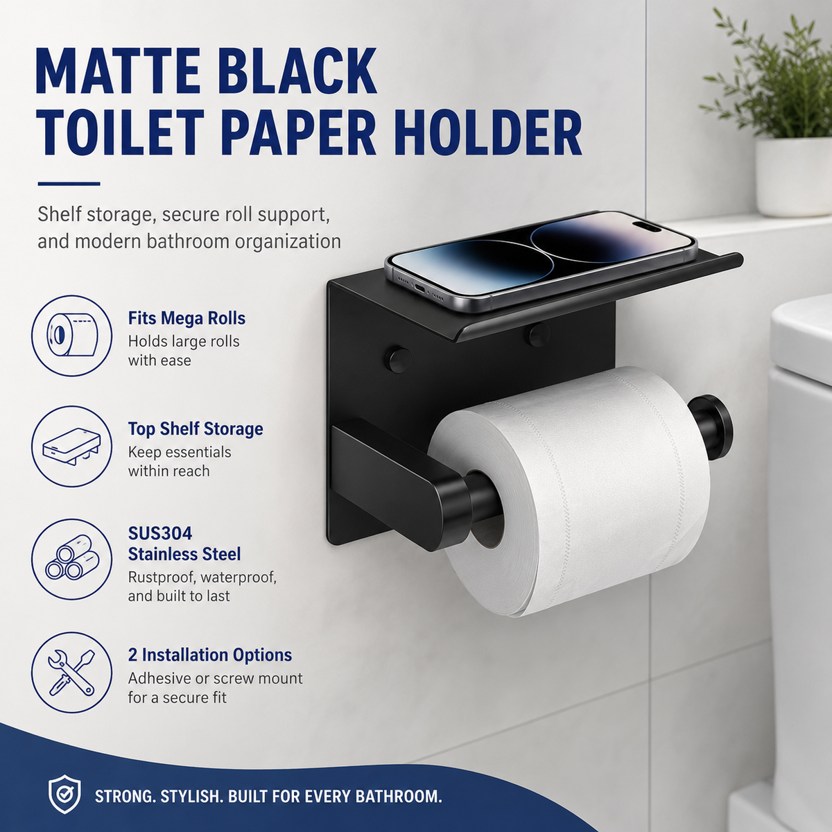 Toilet Paper Holder with Shelf ¨C No-Drill, Fits Mega Rolls, Matte Black or Silver