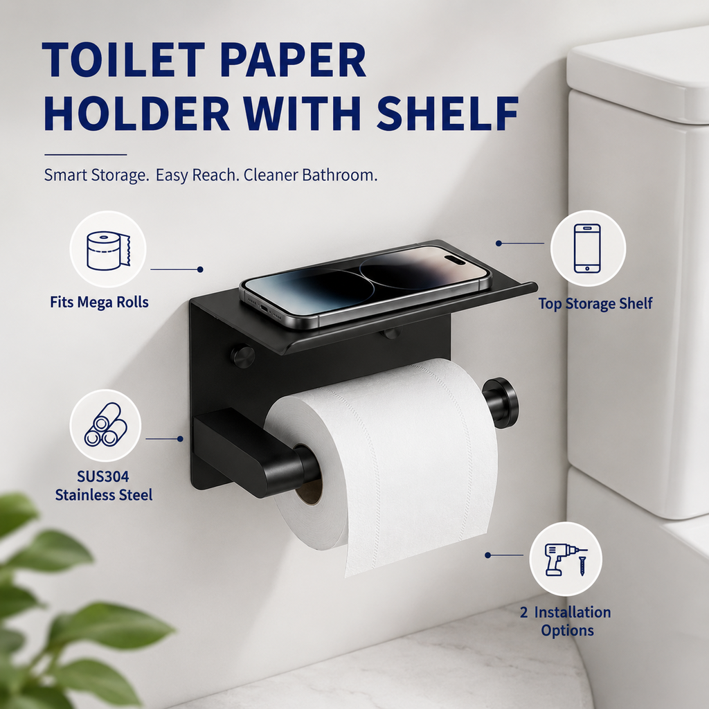 Toilet Paper Holder with Shelf ¨C No-Drill, Fits Mega Rolls, Matte Black or Silver