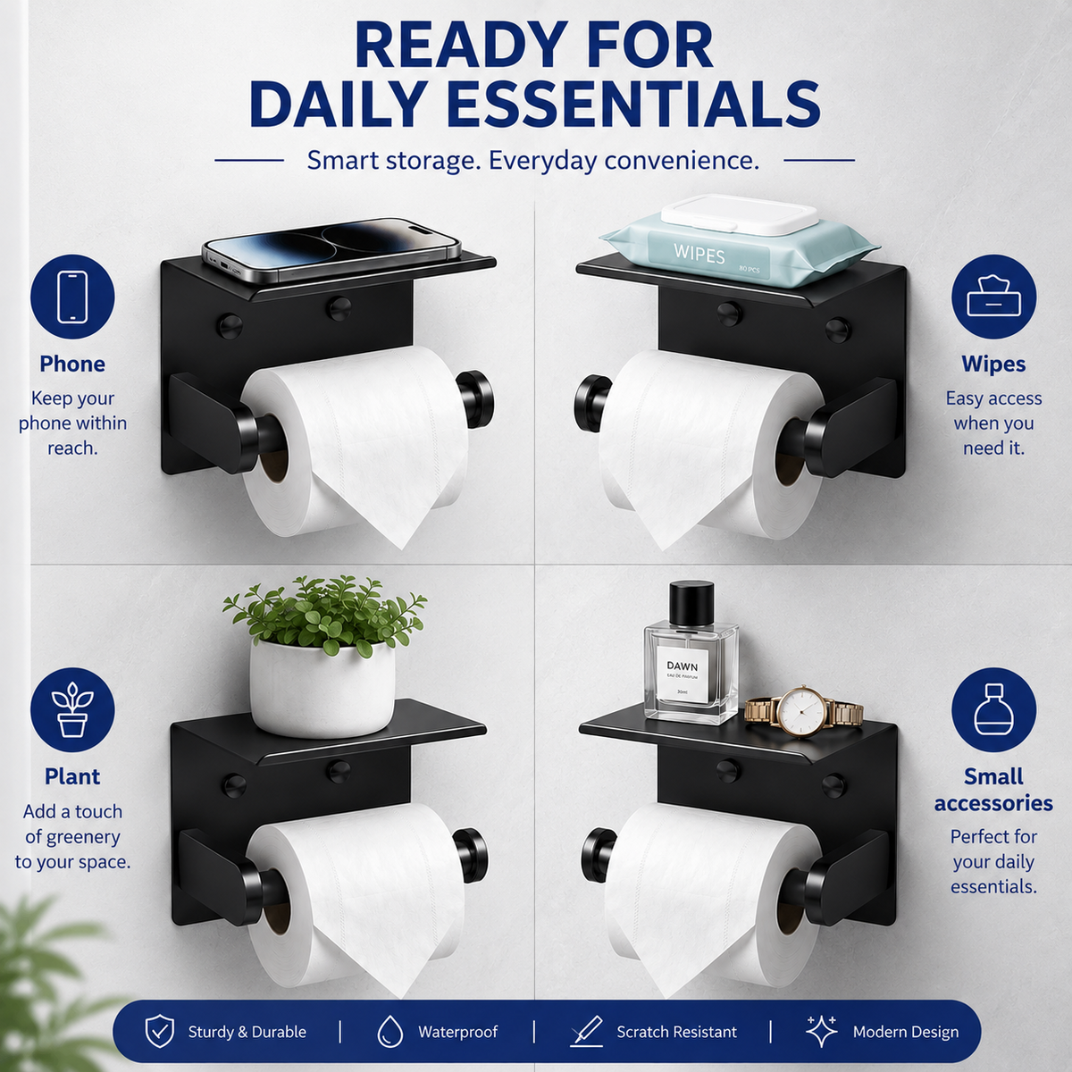 Toilet Paper Holder with Shelf ¨C No-Drill, Fits Mega Rolls, Matte Black or Silver