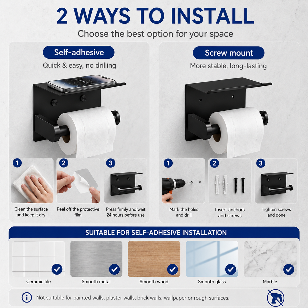 Toilet Paper Holder with Shelf ¨C No-Drill, Fits Mega Rolls, Matte Black or Silver