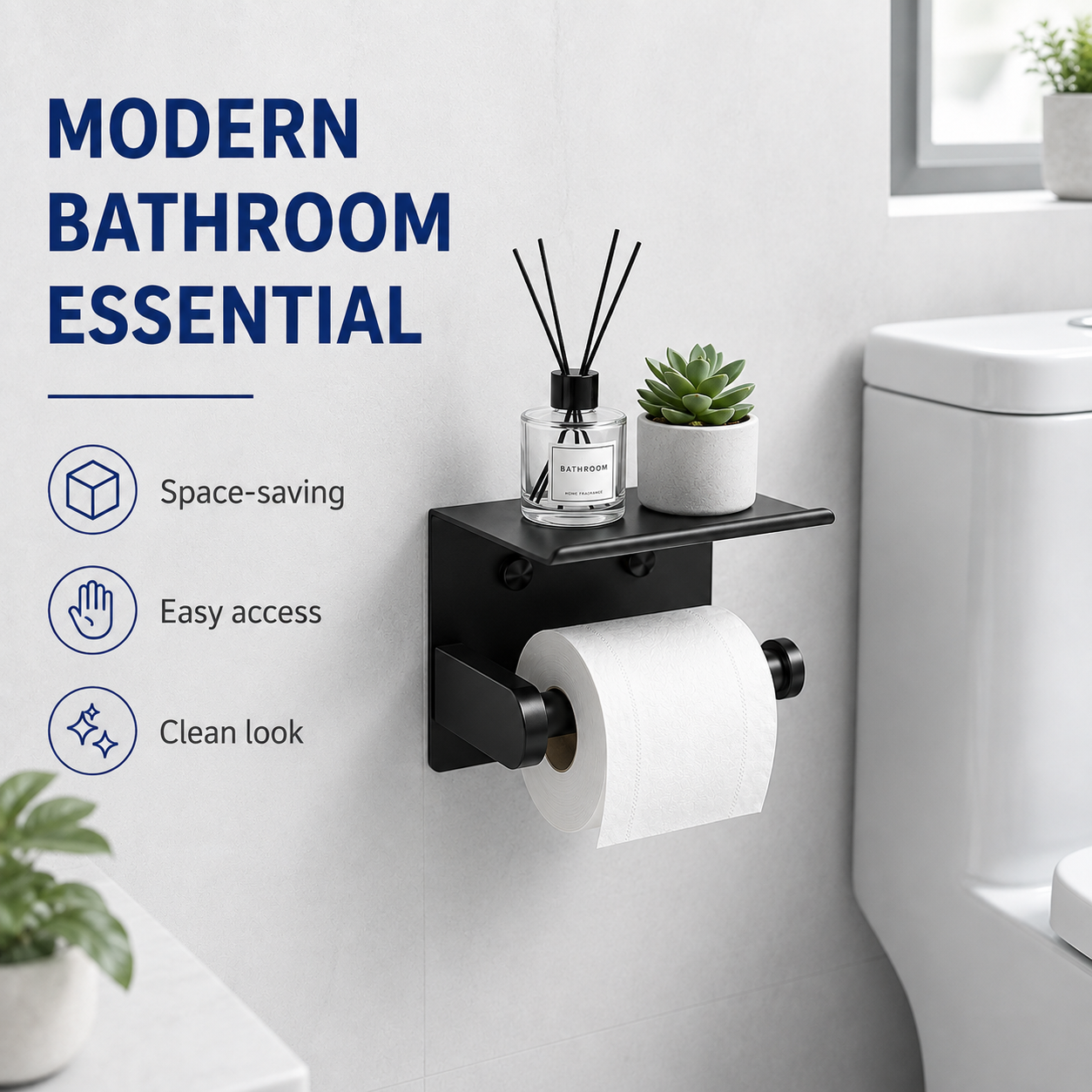 Toilet Paper Holder with Shelf ¨C No-Drill, Fits Mega Rolls, Matte Black or Silver