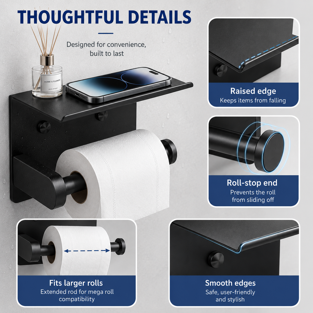 Toilet Paper Holder with Shelf ¨C No-Drill, Fits Mega Rolls, Matte Black or Silver