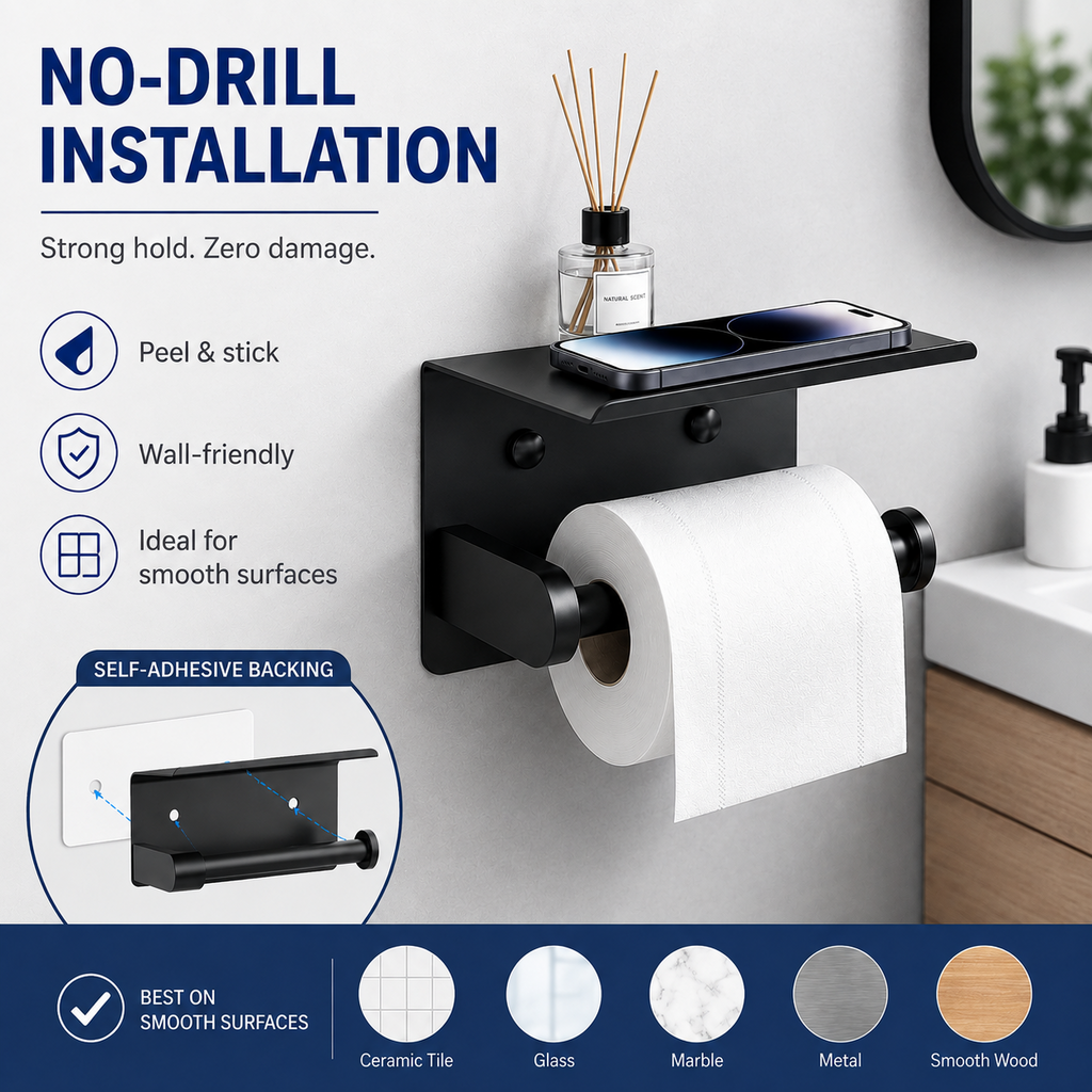 Toilet Paper Holder with Shelf ¨C No-Drill, Fits Mega Rolls, Matte Black or Silver