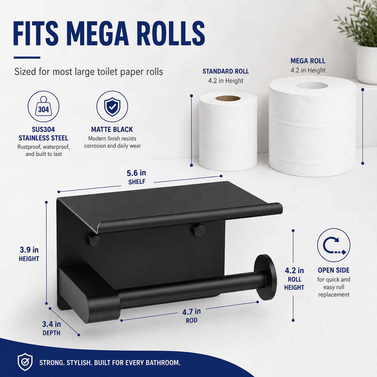 Toilet Paper Holder with Shelf ¨C No-Drill, Fits Mega Rolls, Matte Black or Silver