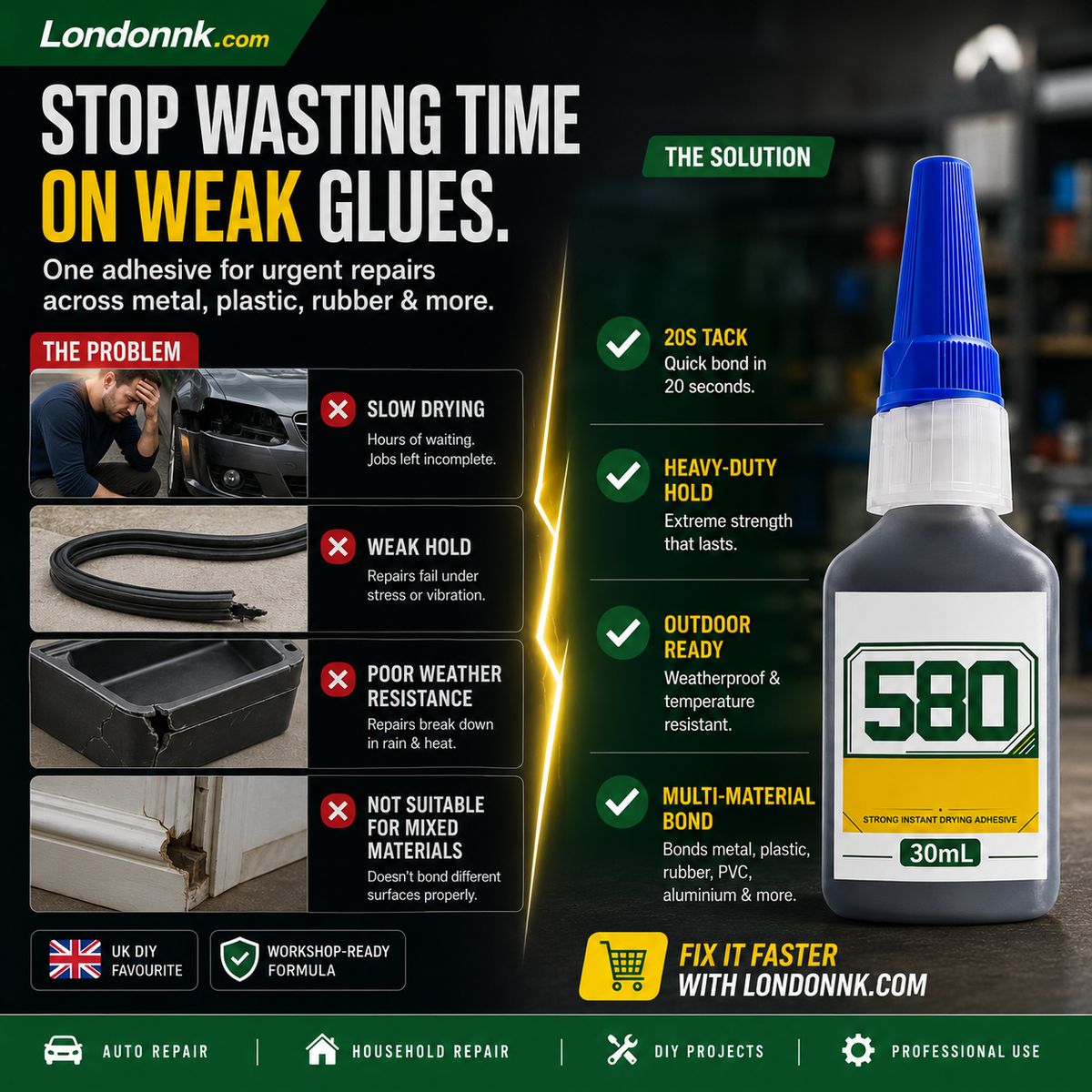🛠️ Instant adhesive – bonds metal, plastic & rubber. 20s curing, weatherproof, shock-resistant. 30ml. 50% OFF! 🔧✨