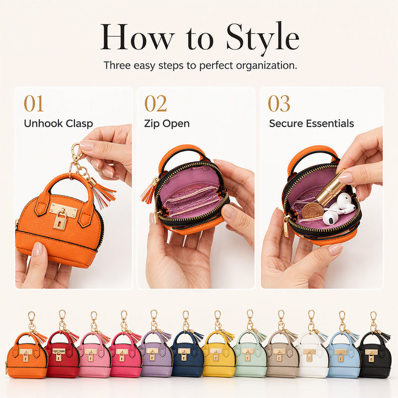 🐚 Mini Shell Bag Keychain – PU Leather Lipstick Coin Purse with Golden Padlock & Tassel ✨