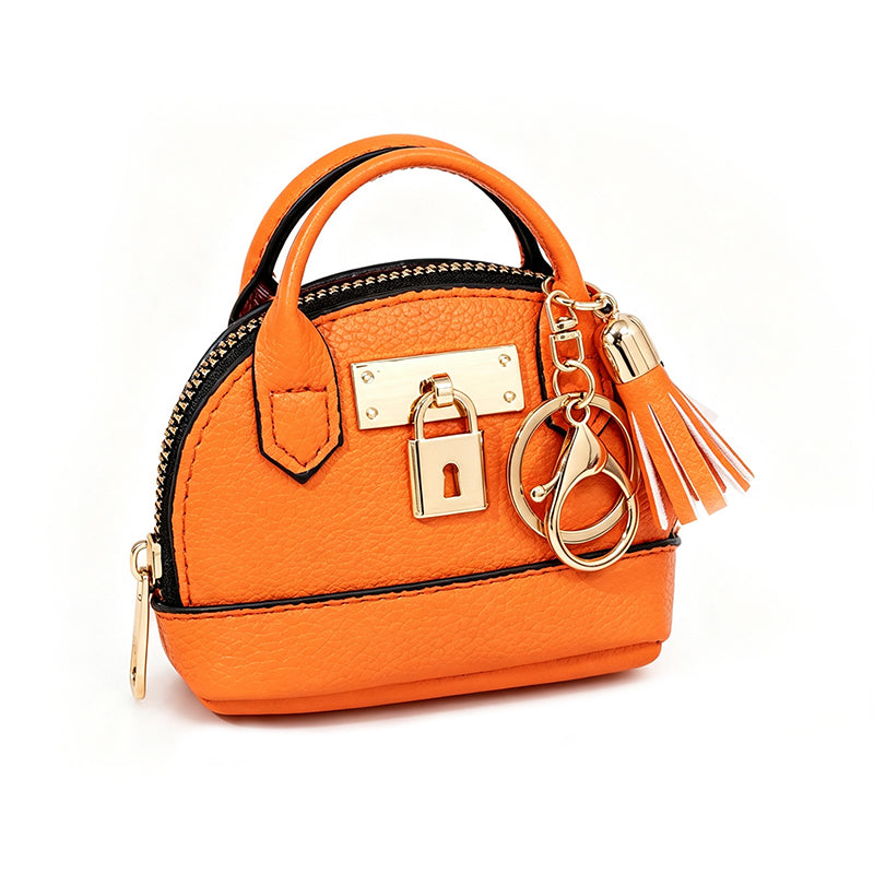 🐚 Mini Shell Bag Keychain – PU Leather Lipstick Coin Purse with Golden Padlock & Tassel ✨
