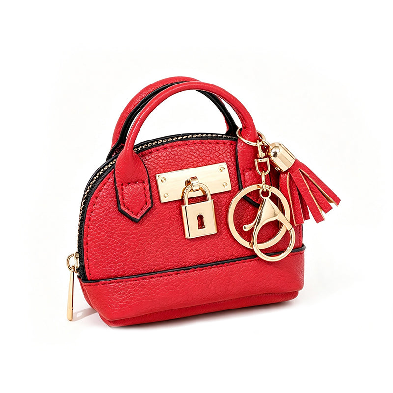 🐚 Mini Shell Bag Keychain – PU Leather Lipstick Coin Purse with Golden Padlock & Tassel ✨