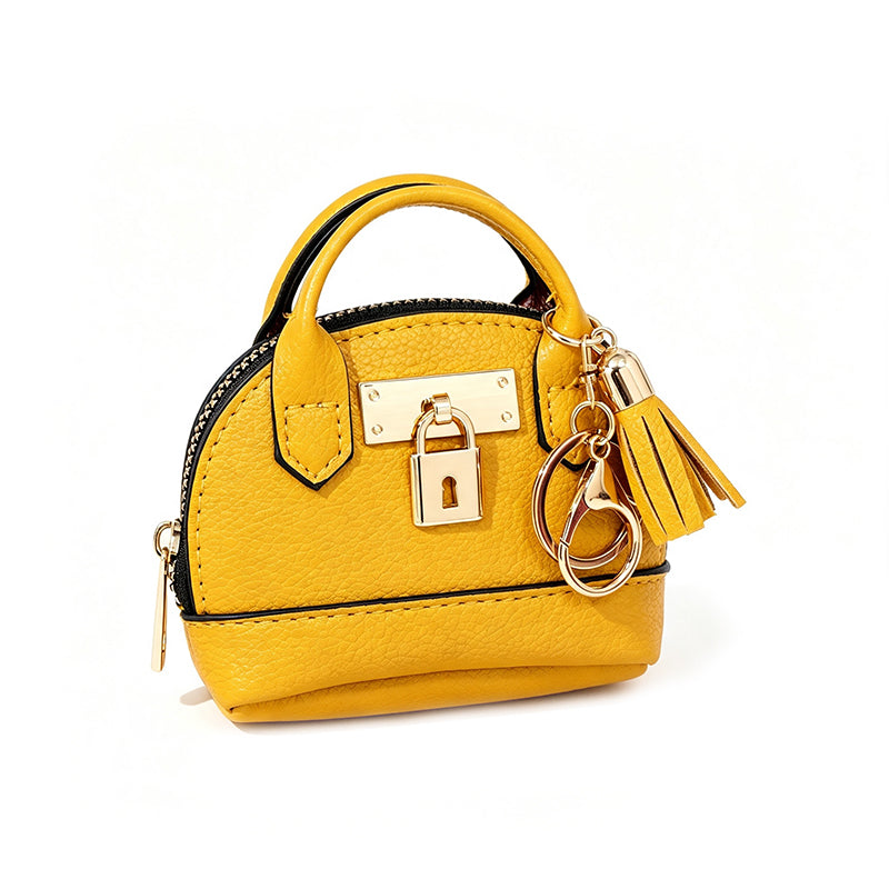 🐚 Mini Shell Bag Keychain – PU Leather Lipstick Coin Purse with Golden Padlock & Tassel ✨