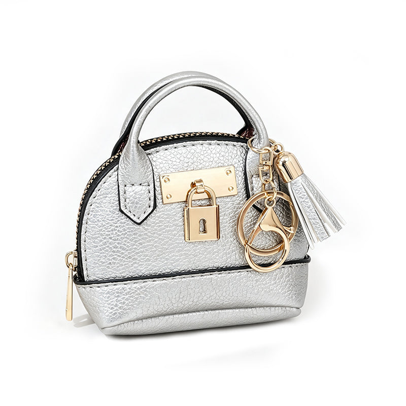 🐚 Mini Shell Bag Keychain – PU Leather Lipstick Coin Purse with Golden Padlock & Tassel ✨