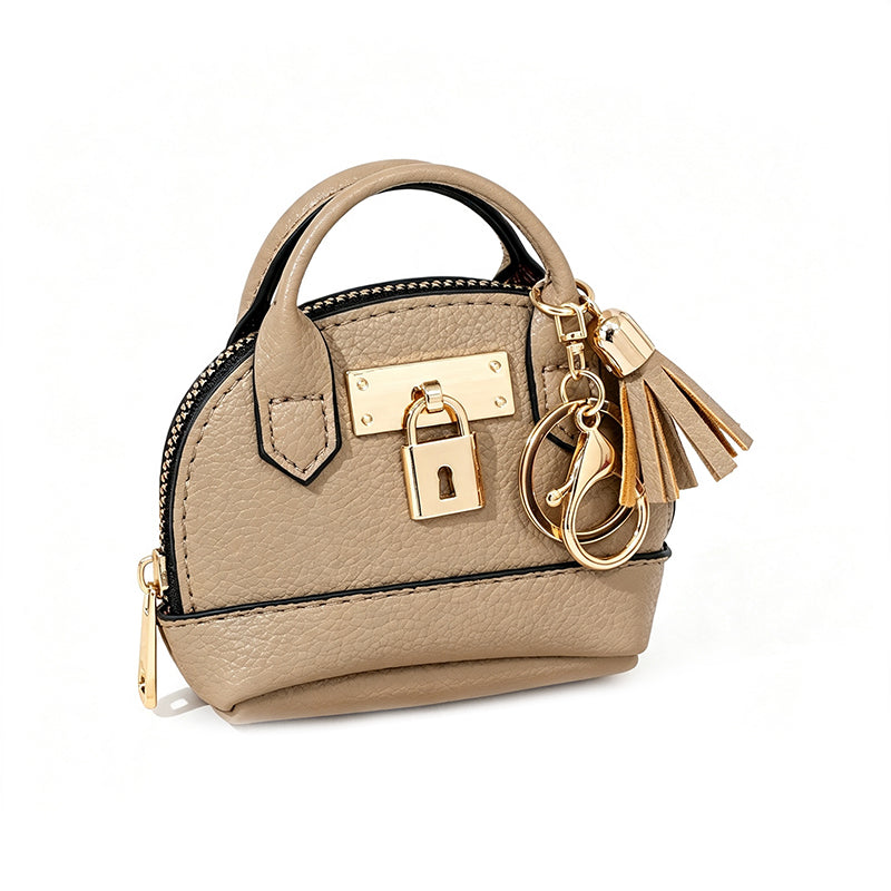 🐚 Mini Shell Bag Keychain – PU Leather Lipstick Coin Purse with Golden Padlock & Tassel ✨
