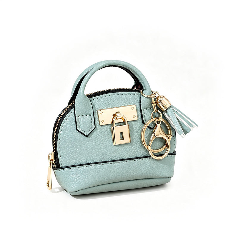 🐚 Mini Shell Bag Keychain – PU Leather Lipstick Coin Purse with Golden Padlock & Tassel ✨