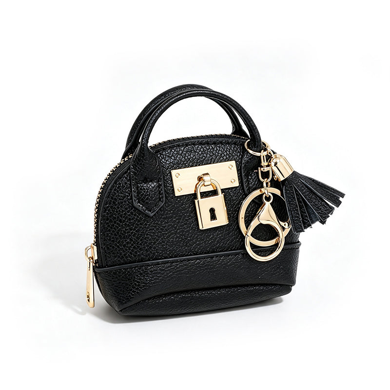 🐚 Mini Shell Bag Keychain – PU Leather Lipstick Coin Purse with Golden Padlock & Tassel ✨