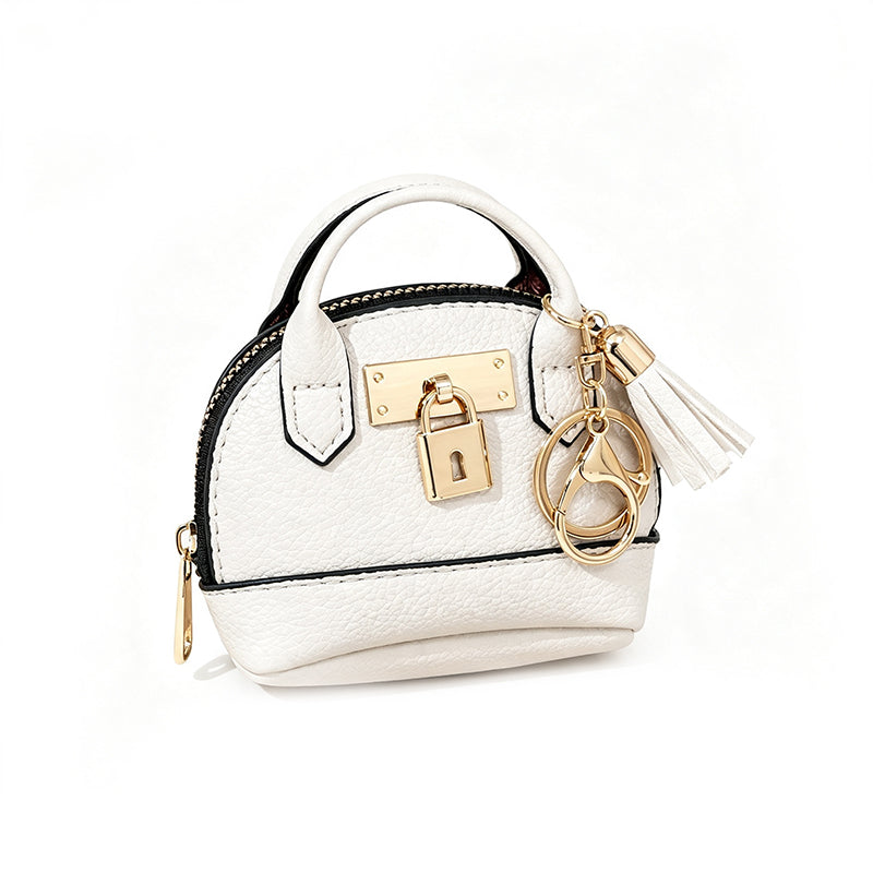 🐚 Mini Shell Bag Keychain – PU Leather Lipstick Coin Purse with Golden Padlock & Tassel ✨