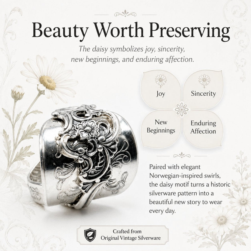 ✨ Handmade Adjustable Sterling Silver Spoon Ring – Norwegian Swirl with Daisy Design, Crafted from Vintage Silverware（副本）