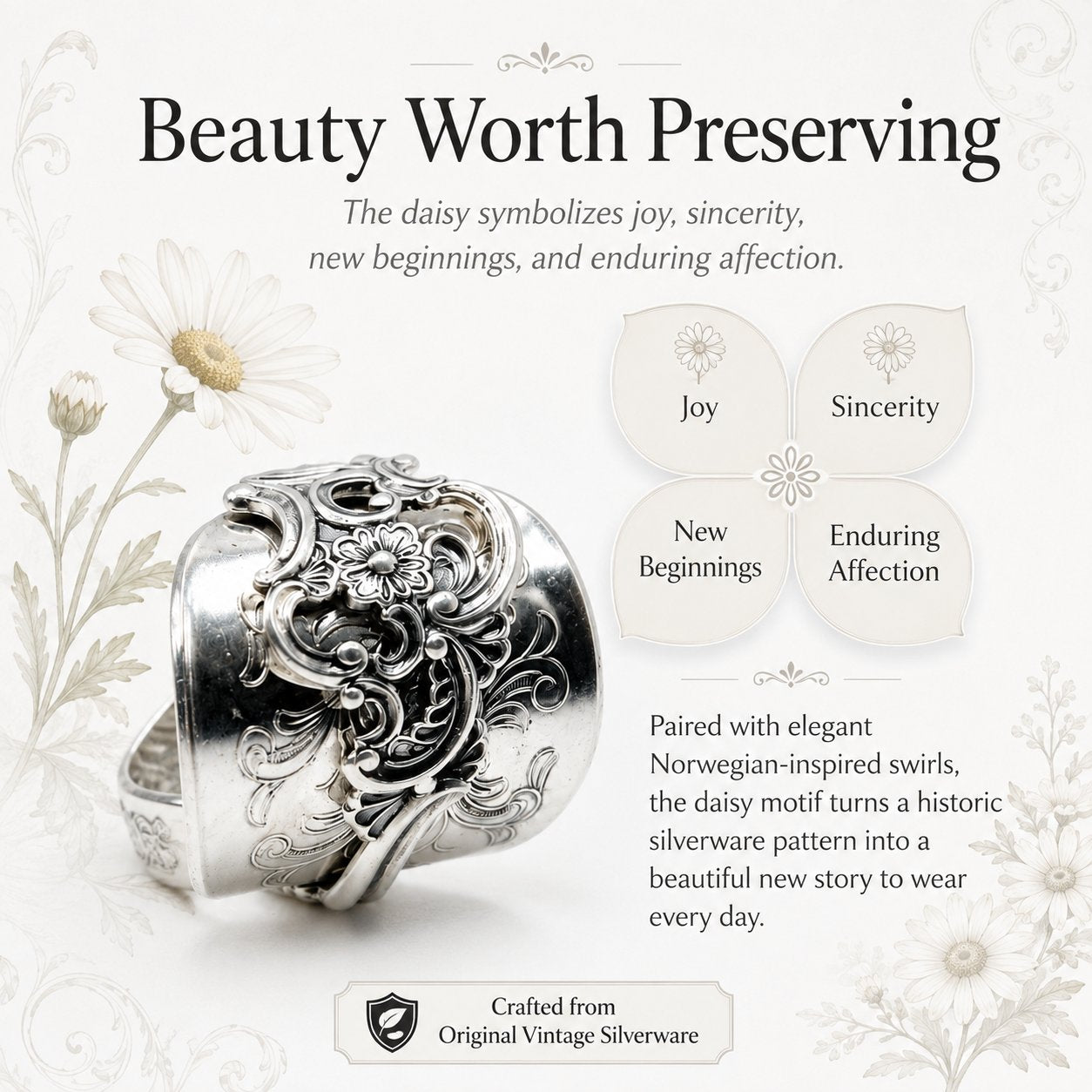 ✨ Handmade Adjustable Sterling Silver Spoon Ring – Norwegian Swirl with Daisy Design, Crafted from Vintage Silverware（副本）
