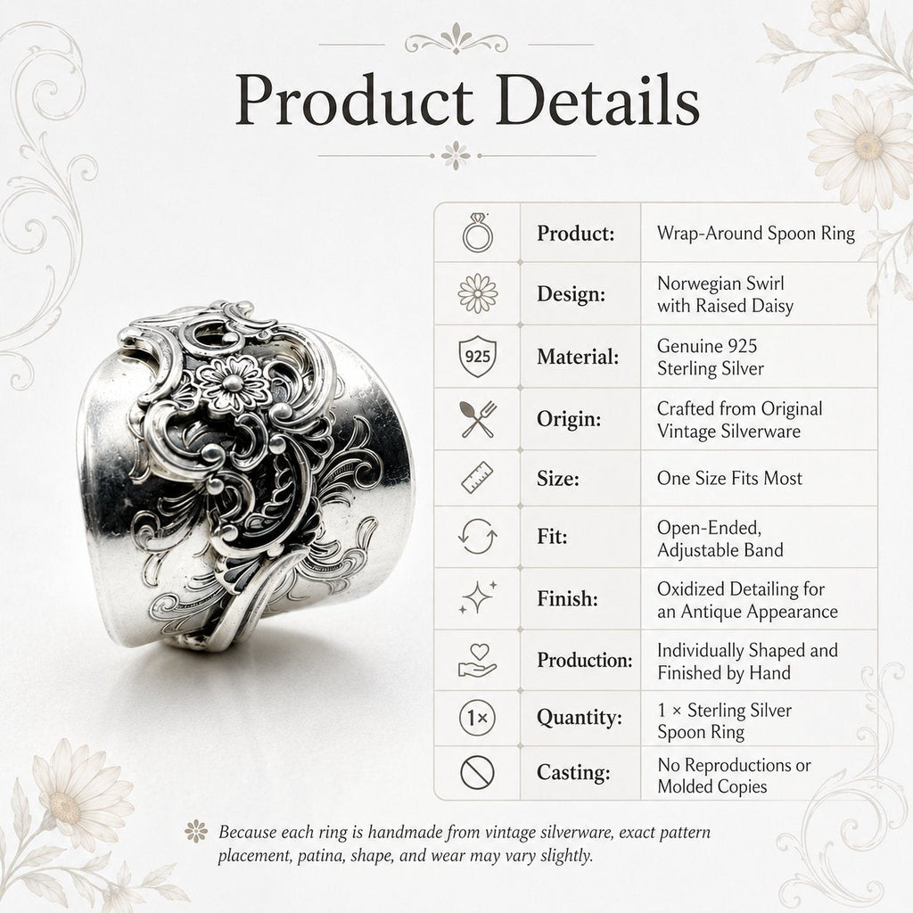 ✨ Handmade Adjustable Sterling Silver Spoon Ring – Norwegian Swirl with Daisy Design, Crafted from Vintage Silverware（副本）