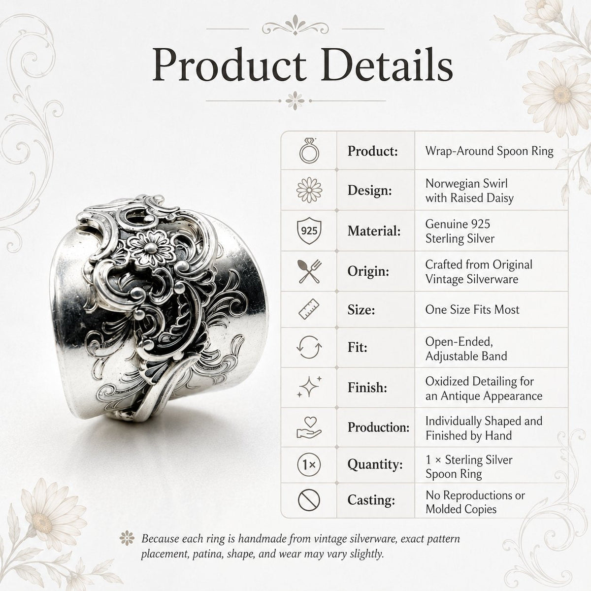 ✨ Handmade Adjustable Sterling Silver Spoon Ring – Norwegian Swirl with Daisy Design, Crafted from Vintage Silverware（副本）