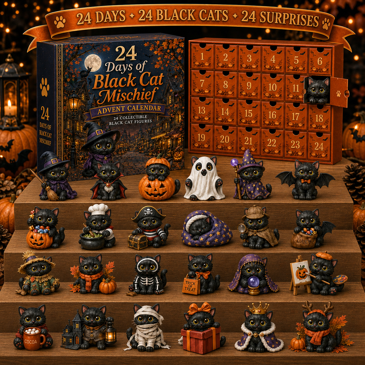 24 Days of Black Cat Mischief Advent Calendar – 24 Collectible Halloween Cat Figures