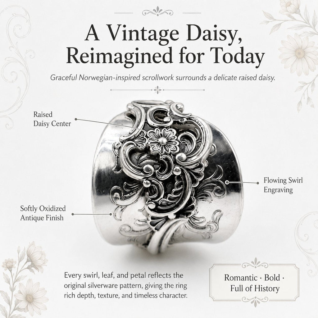✨ Handmade Adjustable Sterling Silver Spoon Ring – Norwegian Swirl with Daisy Design, Crafted from Vintage Silverware（副本）
