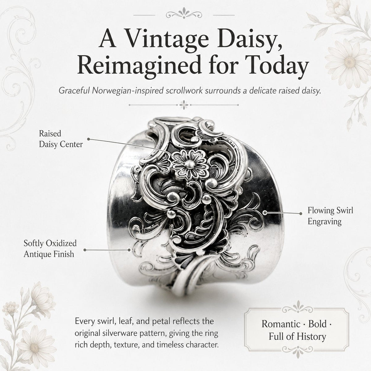 ✨ Handmade Adjustable Sterling Silver Spoon Ring – Norwegian Swirl with Daisy Design, Crafted from Vintage Silverware（副本）