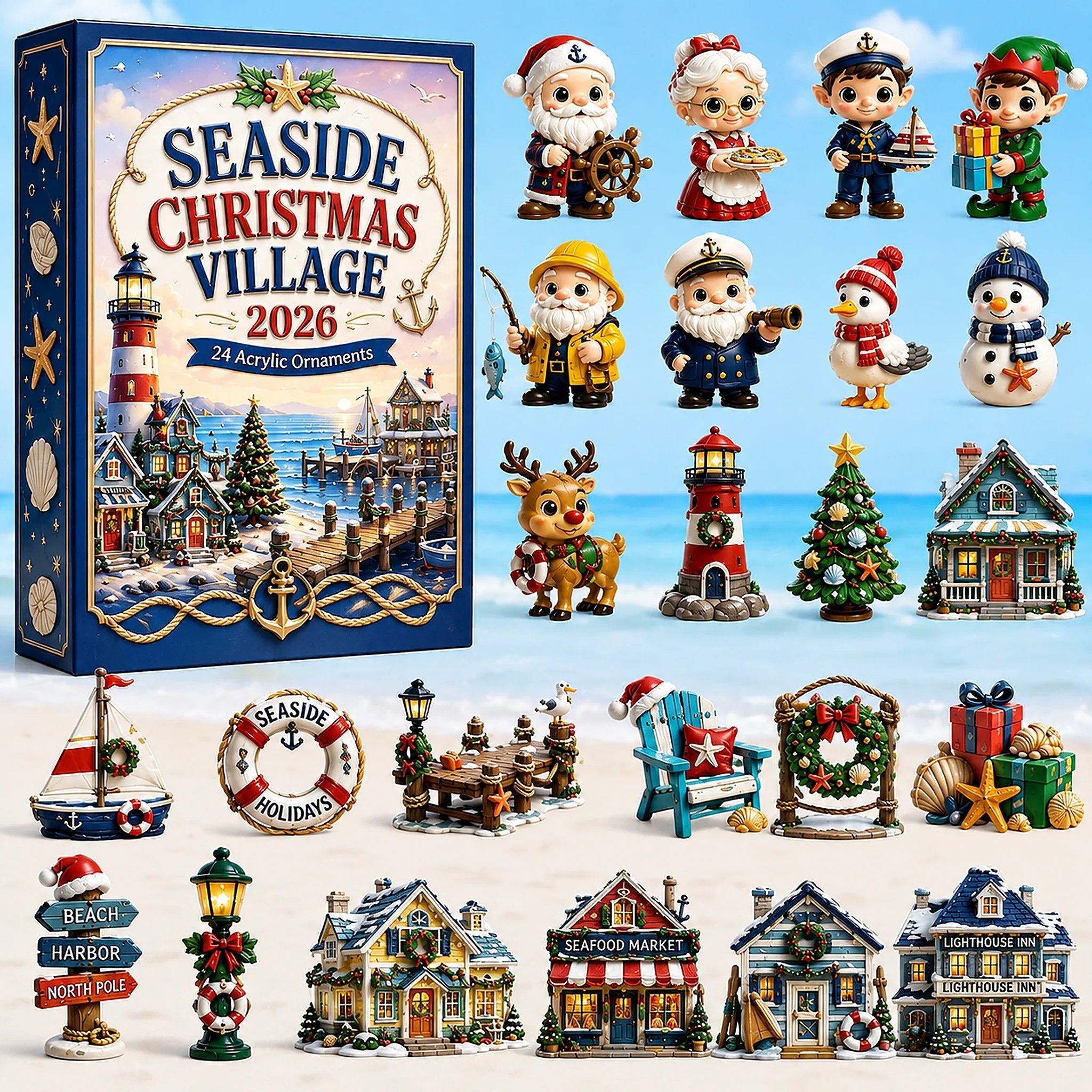 Seaside Christmas Village Advent Calendar 2026 - 24-Day Festive Countdown, Acrylic Charms Blind Box
