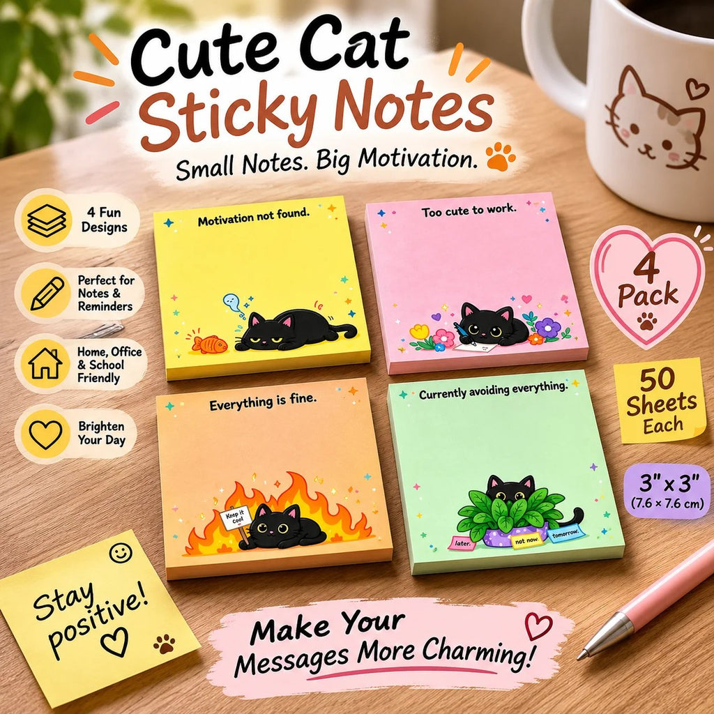 🐾 Sassy Black Cat Sticky Notes (4-Pack) | Funny Sarcastic Memo Pads for Office, School & WFH | 3'x3'