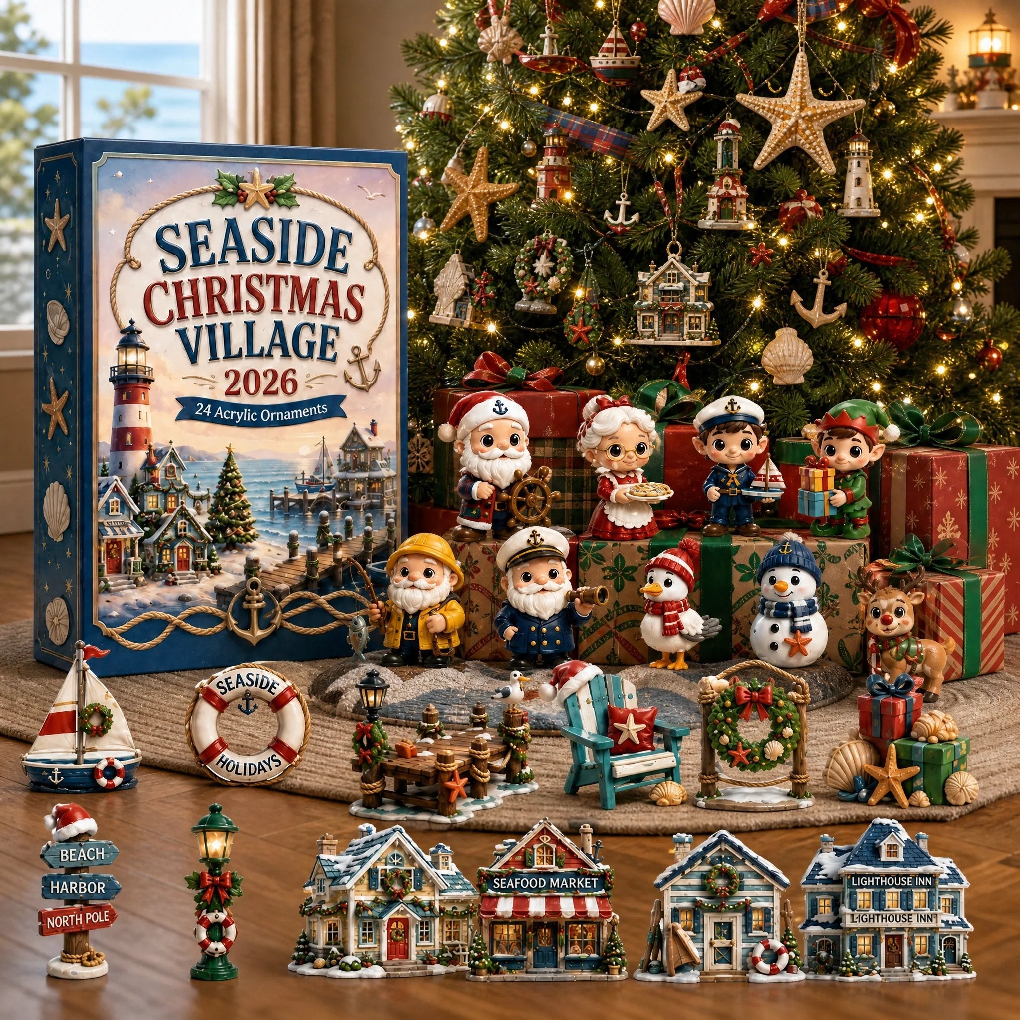 Seaside Christmas Village Advent Calendar 2026 - 24-Day Festive Countdown, Acrylic Charms Blind Box