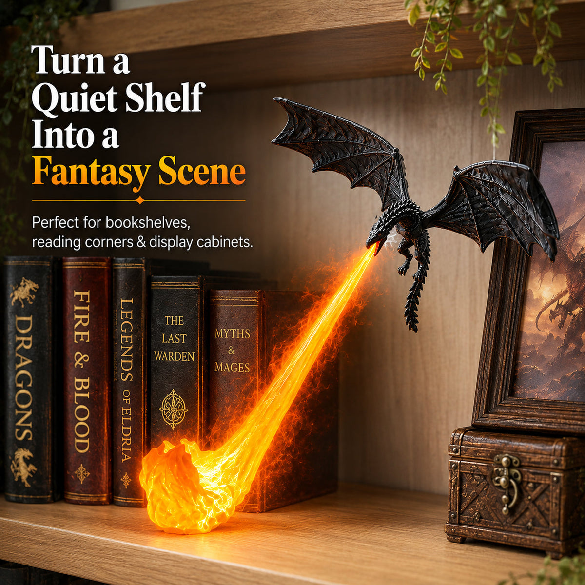 🔥 HOT SALE 🐉| 3D Fire-Breathing Dragon LED Display – Fantasy Bookshelf Decor with Glowing Flame