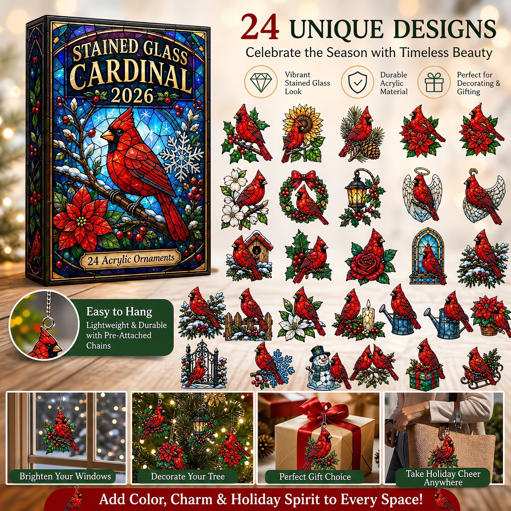 Stained Glass Cardinal Advent Calendar 2026 – 24 Acrylic Charm Surprises