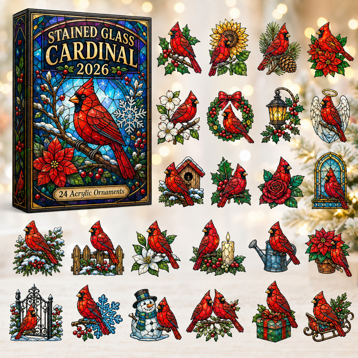 Stained Glass Cardinal Advent Calendar 2026 – 24 Acrylic Charm Surprises