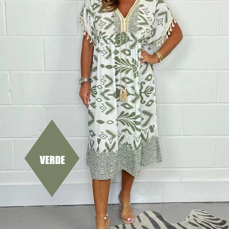 😍⏳Summer Hot Sale 49% Off🌼Printed Casual Dress With V-Neckline and Fringes on the Short Sleeves